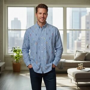 Robert Graham Men's Button Down Shirt - Check Embroidered Surfboard Longboard XL